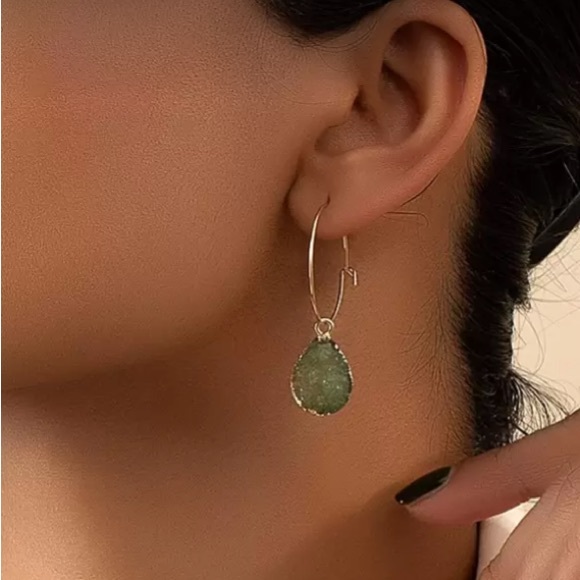 Elegant Green Druzy Stone Hoop Earrings